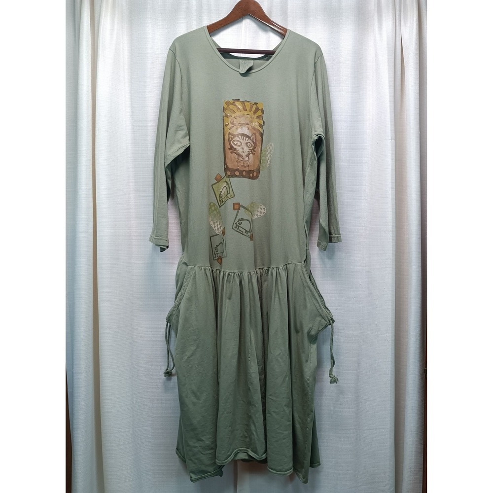 Blue Fish Hand Printed Cat Mouse Graphic Drop Waist Pocket Maxi Dress Green 2X